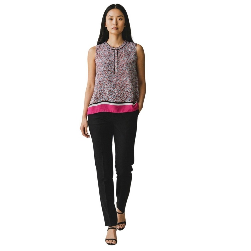 Jones New York Signature Heart Print Sleeveless Zip Front Blouse Pink Border M
